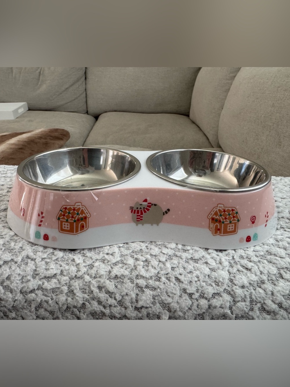Pusheen Pink Gingerbread Cat Double Pet Bowl
